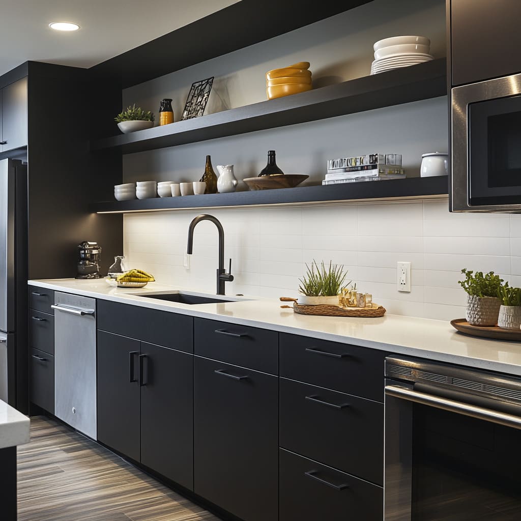 A-black-kitchen-uses-bright-whites-and-deep-navy-cabinetry-for-a-sophisticated-contrast-perfect-for-a-modern-home